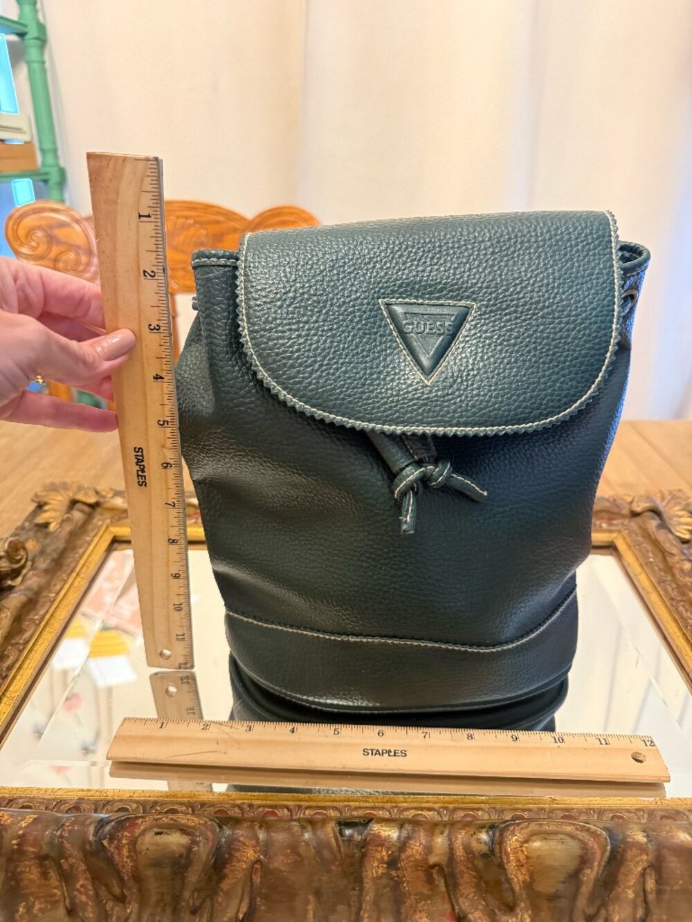 Vintage 90s Guess Dark Green Pebbled Leather Drawstring Mini Backpack Bag